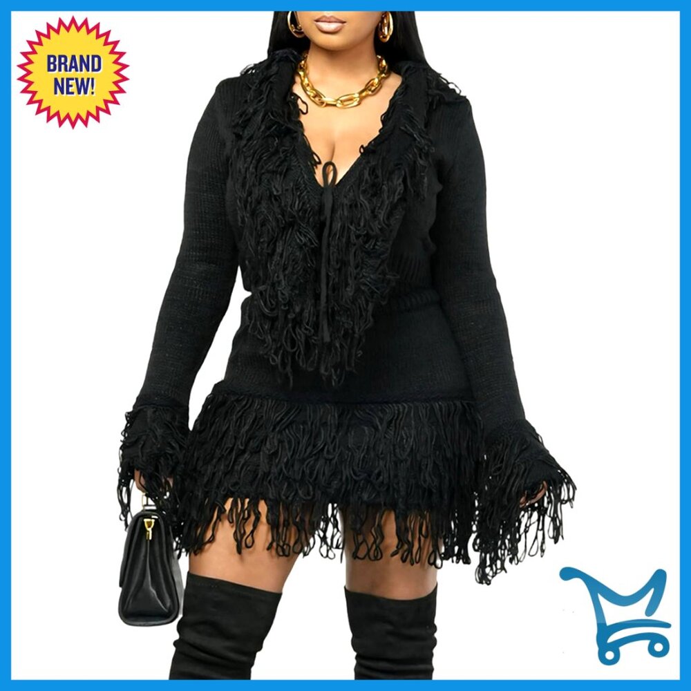 Sexy Ribbed Knit Sweater Skirt Set Long Sleeve Fringe Bodycon Y2k Chic